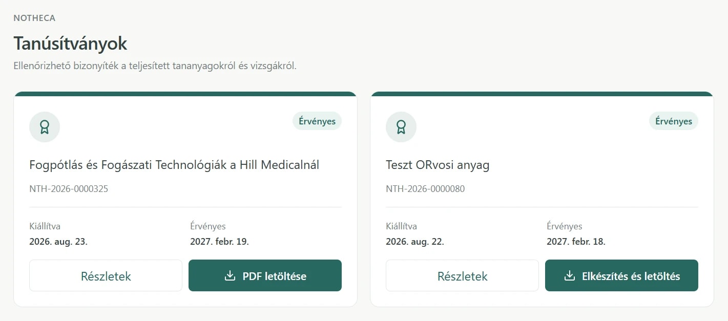 Employee certificates showing record identifiers, issue dates, validity dates and PDF download actions.