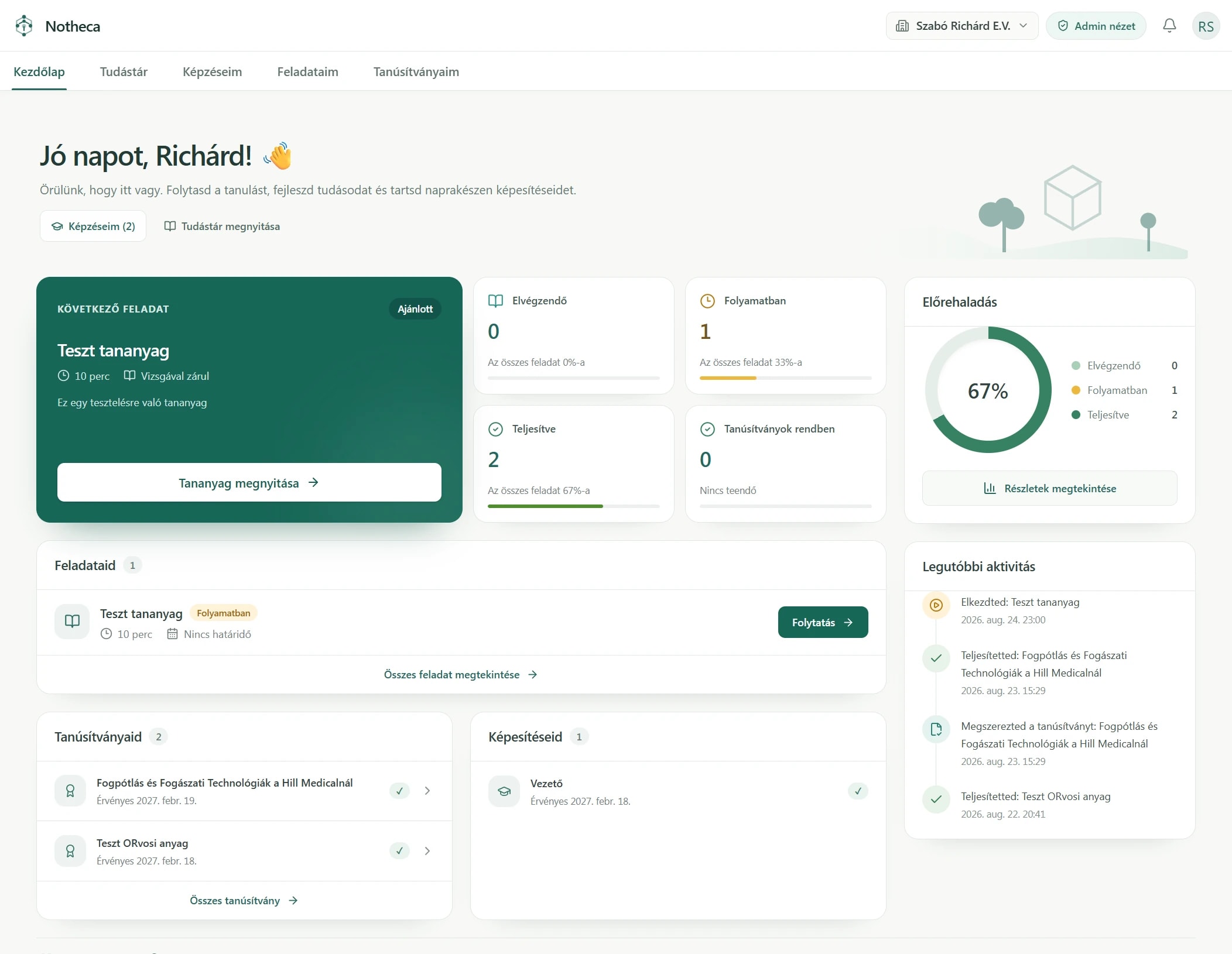 Notheca employee dashboard with a recommended learning task, progress, certificates and qualifications.