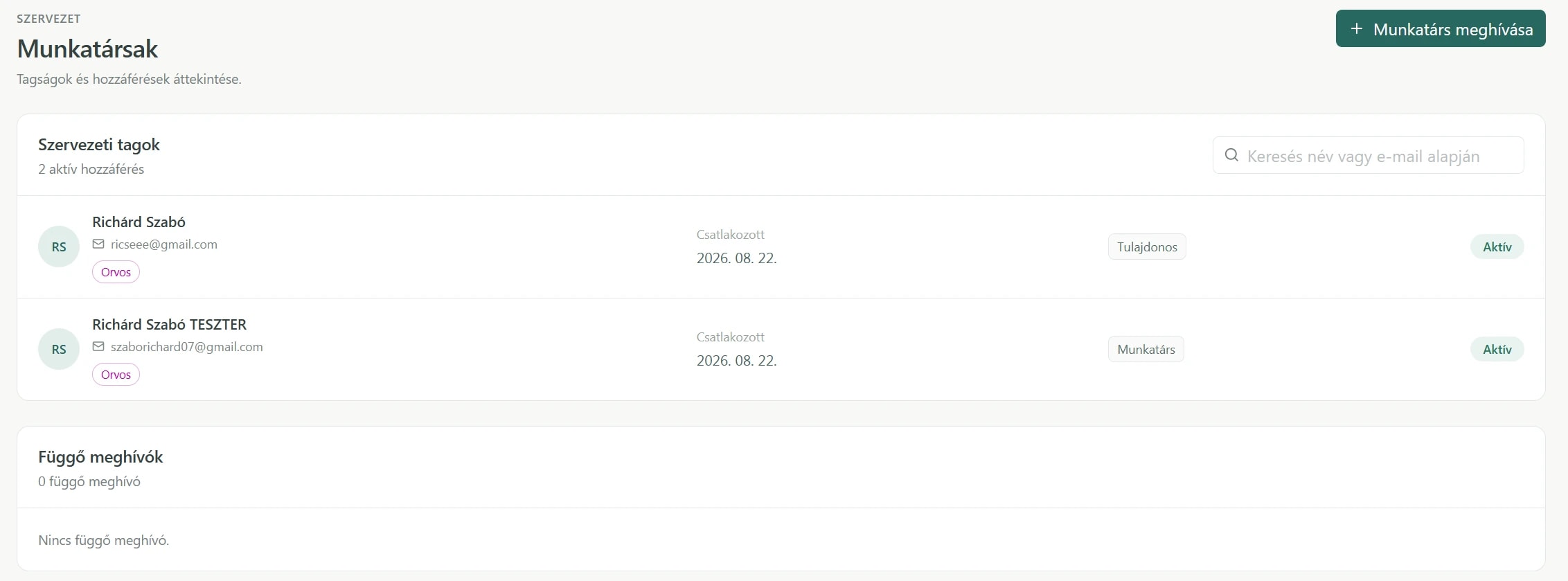 Employee management with test accounts, roles, active access and invitations.