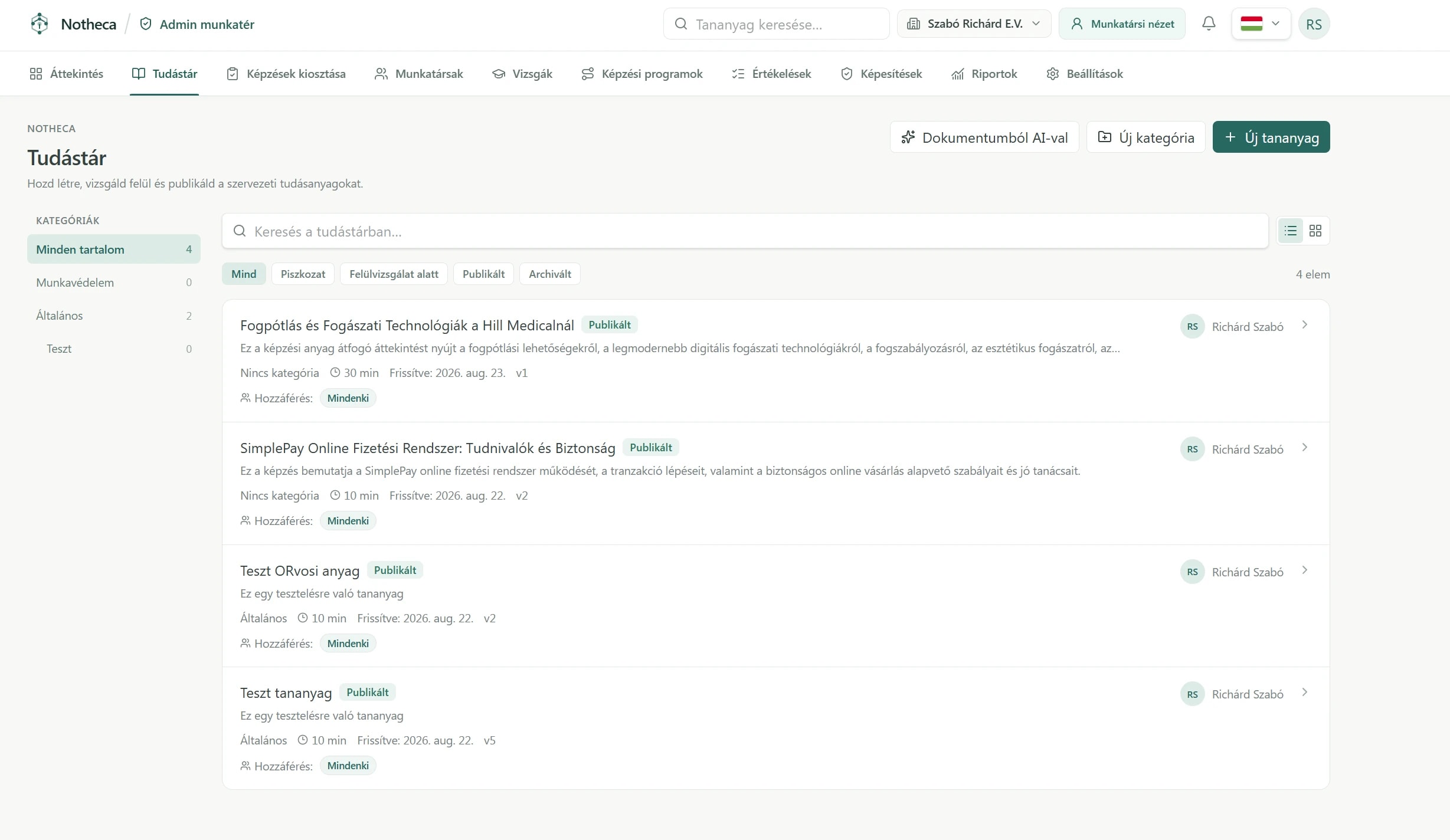 Knowledge administration with draft, review and publication states and the Dokumentumból AI-val document authoring action.
