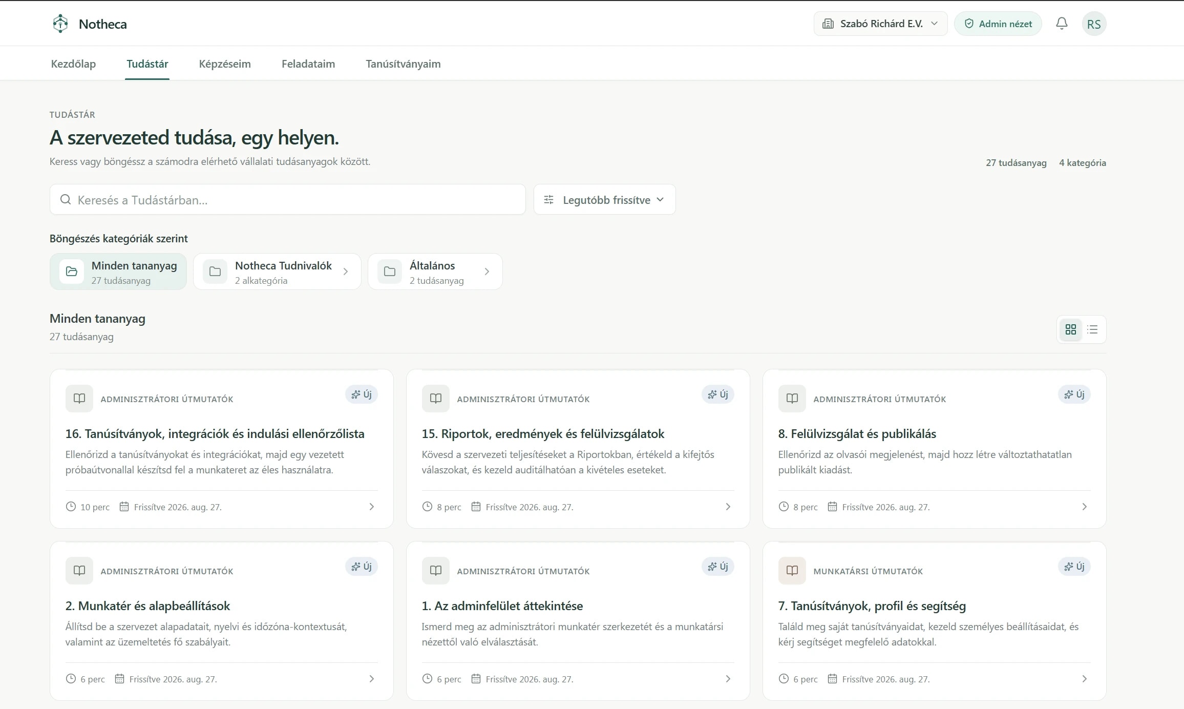 Searchable employee knowledge library with categories and published learning materials.