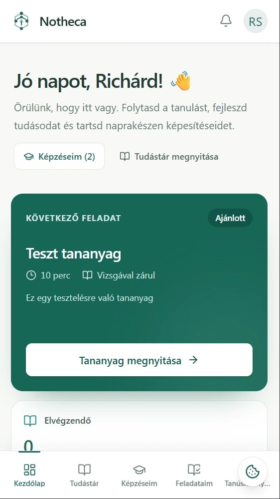 Real Notheca mobile employee screen with the next learning task and bottom navigation.