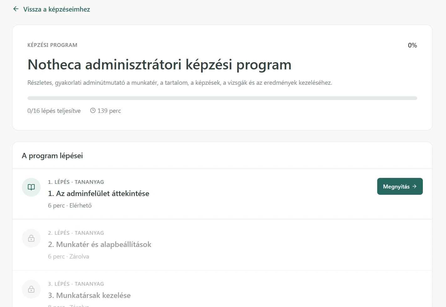 Training program with progress, an available first step and locked subsequent learning materials.
