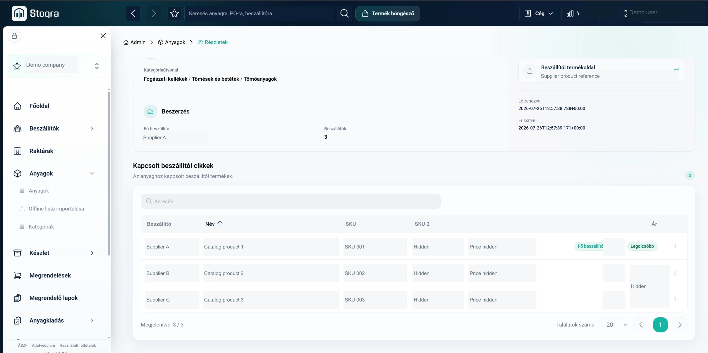 Material detail showing several supplier relationships, purchasing units and preferred-supplier controls; commercial data anonymized.
