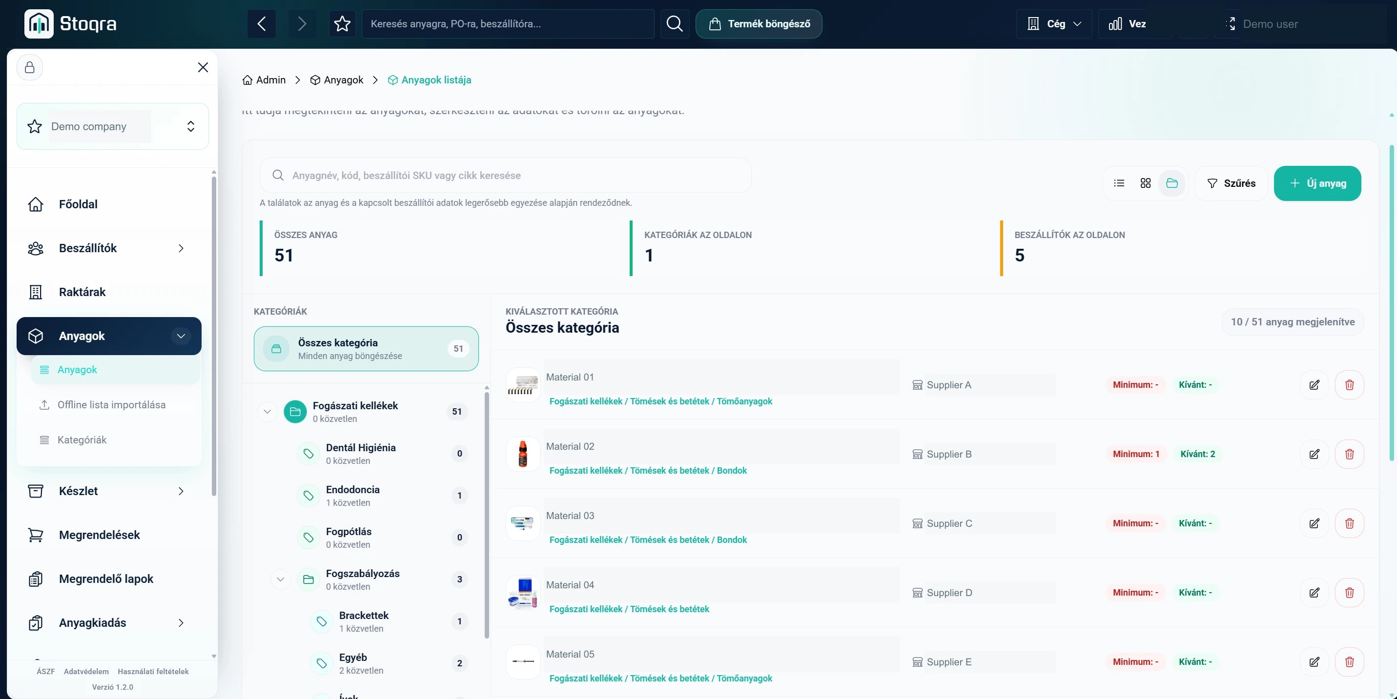 Internal materials list with category navigation and stock rules; supplier relationships anonymized.