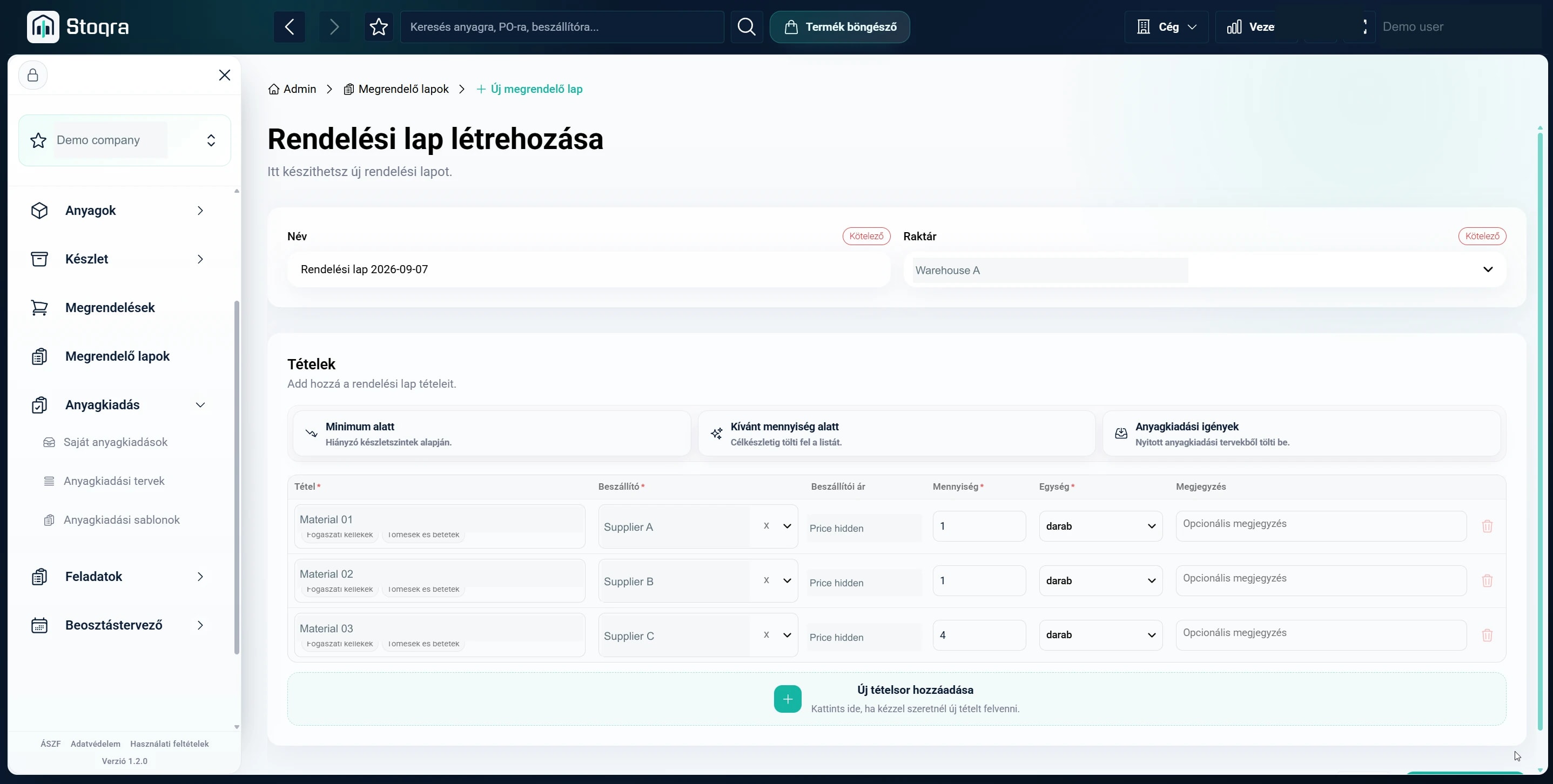 Order sheet creation with replenishment sources, supplier selection and editable quantities; commercial data anonymized.