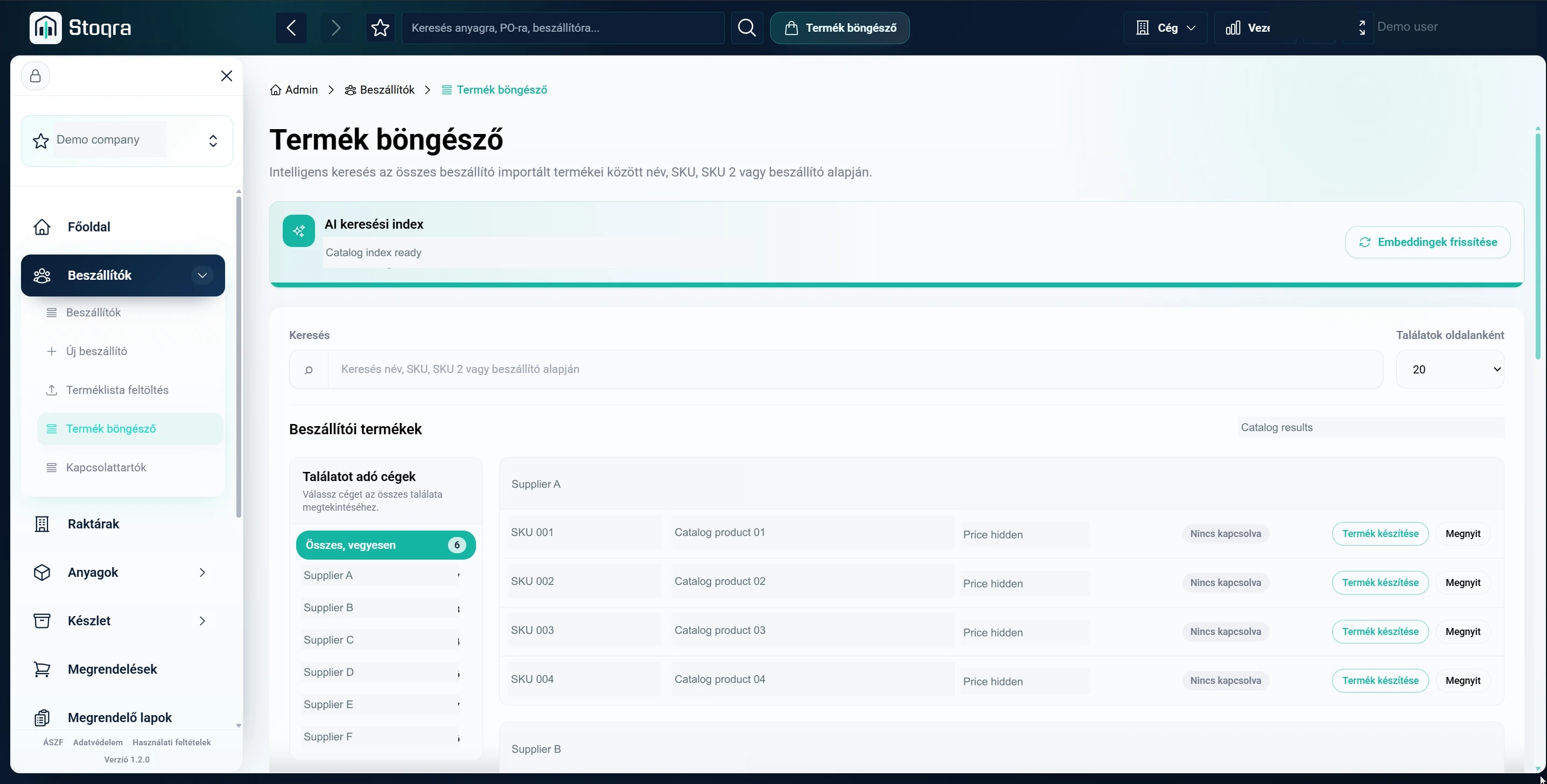 Stoqra supplier product browser with search, AI index status and catalog entries; commercial data anonymized.