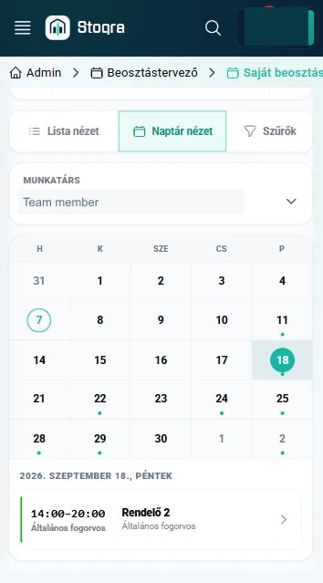 Actual mobile schedule calendar with selected day and shift details; employee name anonymized.