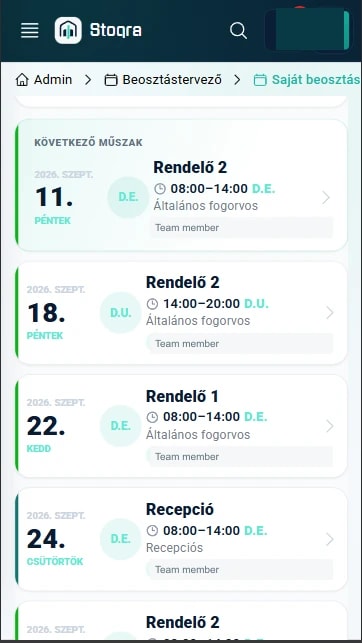 Actual mobile schedule list with upcoming shift times and locations; coworker names anonymized.