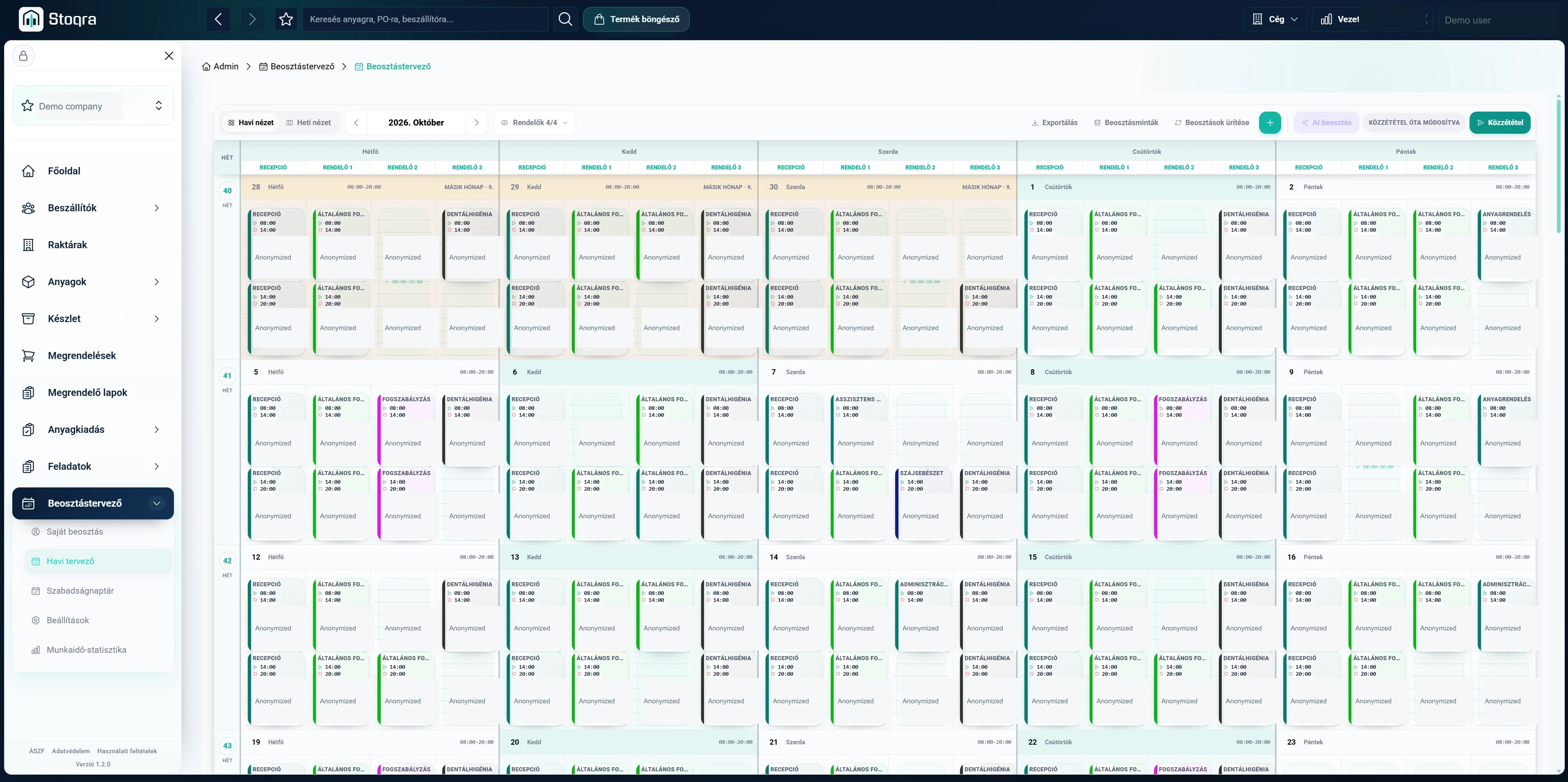 Full monthly workforce planner showing shift templates and role coverage; employee identities anonymized.