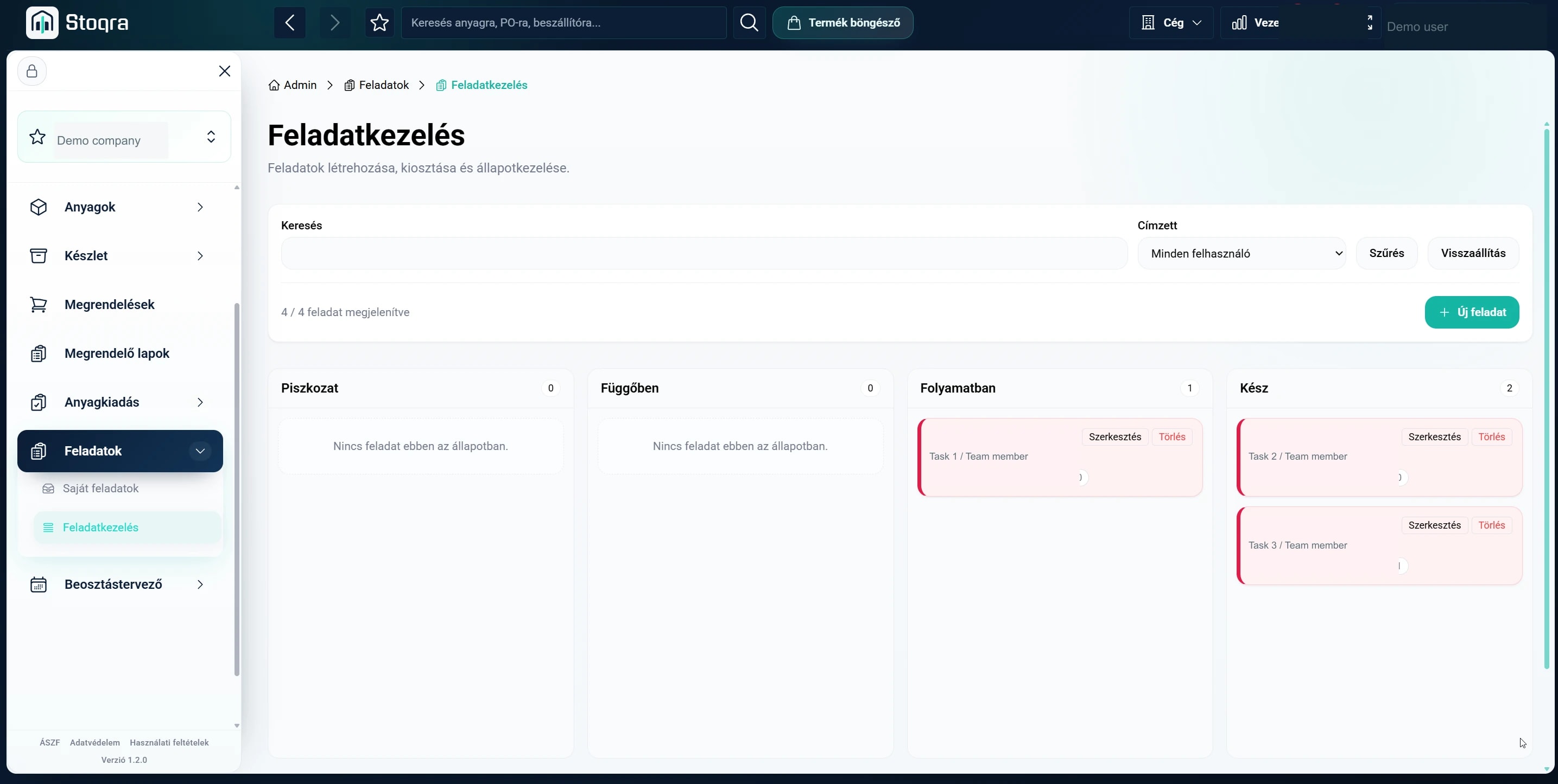 Task management board with draft, pending, in-progress and complete columns; task content and assignees anonymized.