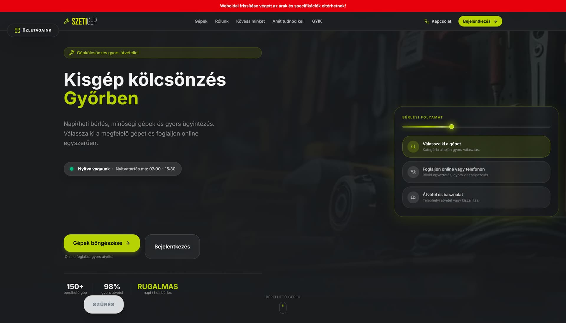 SZETI equipment rental website with its catalogue and search experience.