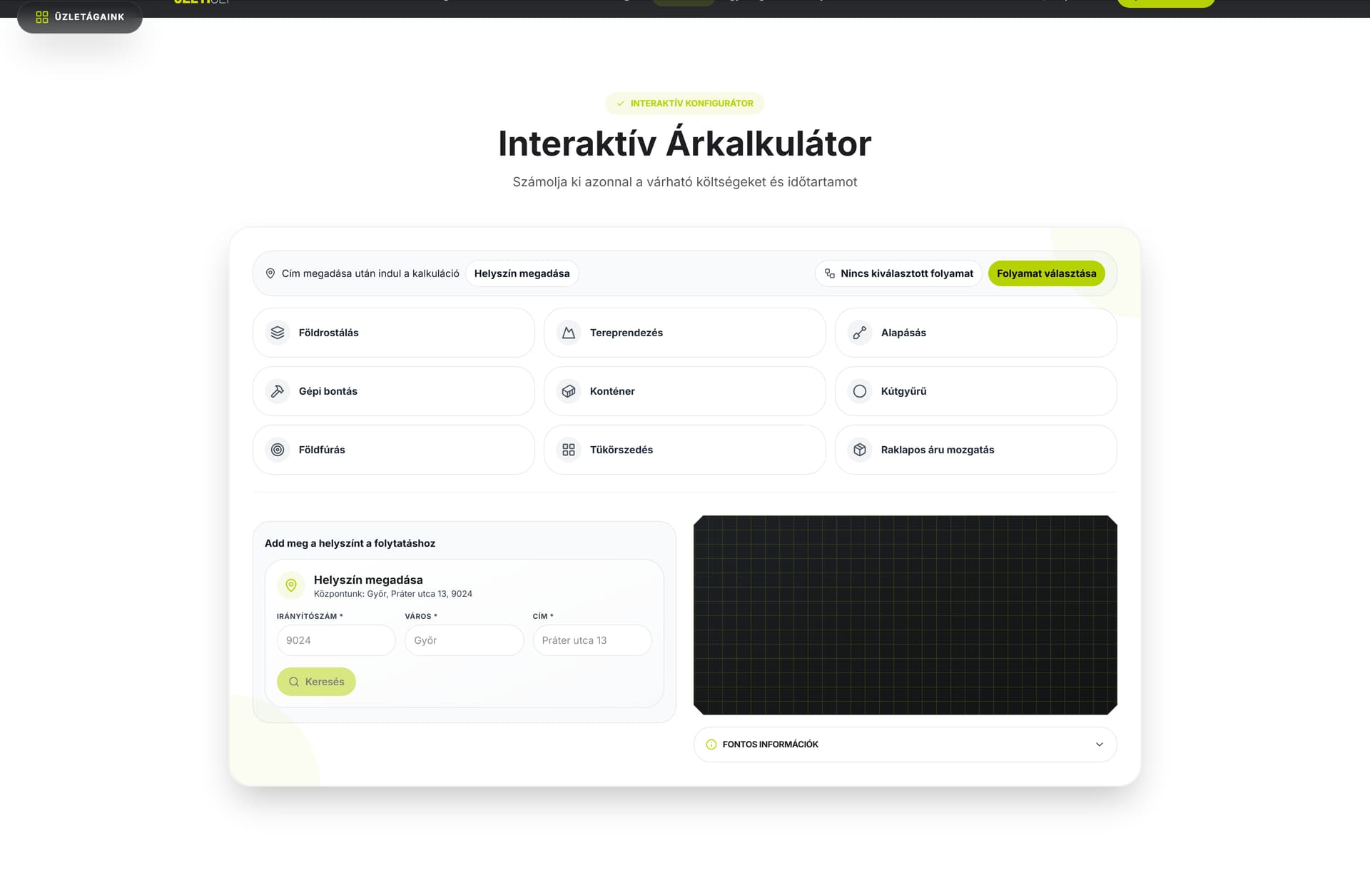 SZETI interactive earthworks calculator with task selection and location inputs.