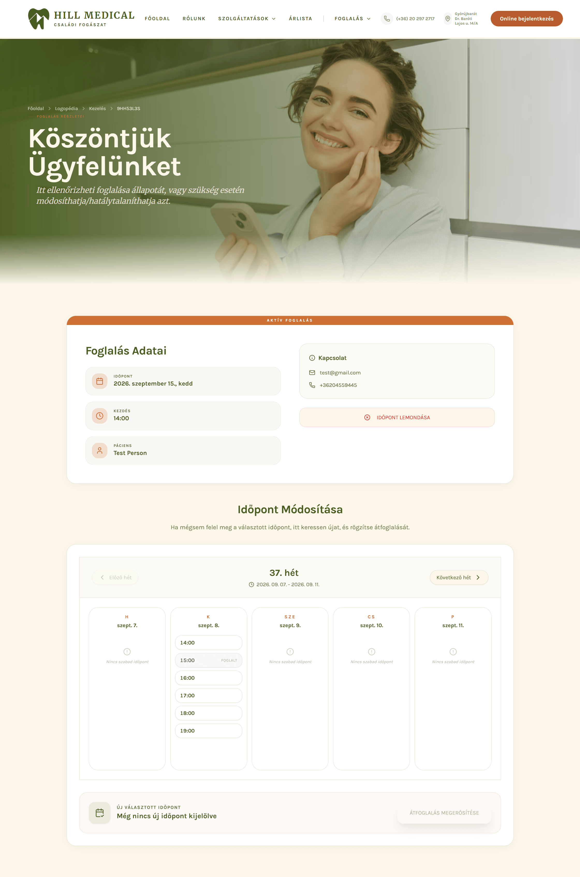 HillMedical patient booking management page with appointment details, cancellation and a calendar for rescheduling.